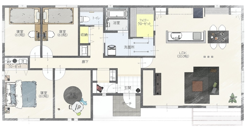 Rico Life. 久喜店 【38坪台｜平屋｜間取り図あり】2way玄関・テレビ裏収納・ファミリークローゼット、生活感を“隠せる平屋”の間取り図（4LDK）1階