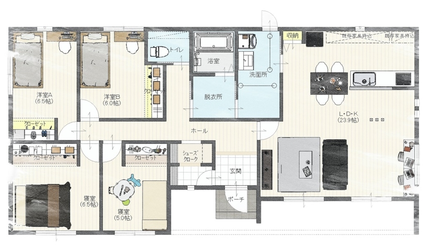 Rico Life. 久喜店 【35坪台｜平屋｜間取り図あり】快適な平屋暮らしが叶うモダンな住まい。納得のコストで広々LDKを実現の間取り図（4LDK）1階