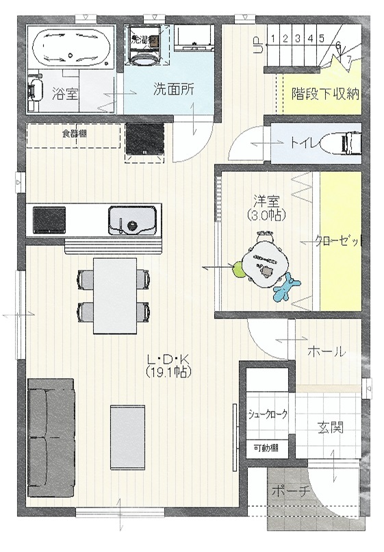 Rico Life. 久喜店 【31坪台｜ペットとの暮らし｜間取り図あり】インナーバルコニーが魅力的！猫への愛情が詰まった住まいの間取り図（4LDK＋猫ちゃん部屋）1階