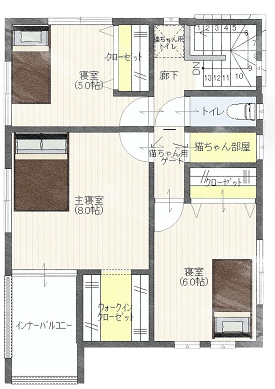 Rico Life. 久喜店 【31坪台｜ペットとの暮らし｜間取り図あり】インナーバルコニーが魅力的！猫への愛情が詰まった住まいの間取り図（4LDK＋猫ちゃん部屋）2階