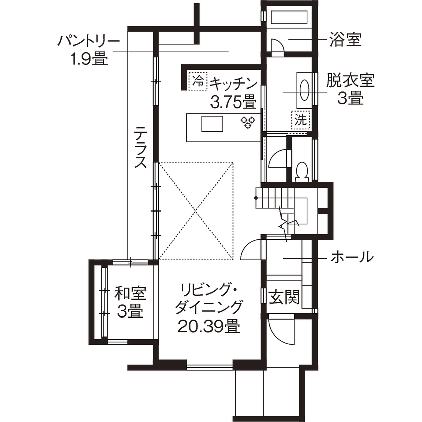 【神奈川の家づくり】セントラルホーム 【UA値0.58／座間市／ZEH】目線の抜けを意識して空間の広がりを実現。耐震性まで安心の家の間取り図（4LDK＋ロフト）1階