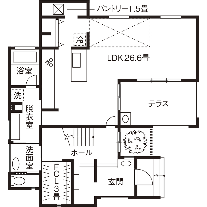 【神奈川の家づくり】セントラルホーム 【UA値0.35／相模原市／床暖房／ZEH】大空間も暖かい！性能まで妥協しないデザイン住宅の間取り図（2LDK＋書斎）1階