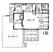 渡部製作所 【札幌市/薪ストーブ/】ヒバに赤松、真壁の吹抜け 樹齢千年の森の中を旅する家の間取り図null1階