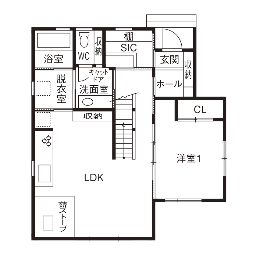 渡部製作所 【江別市/二世帯住宅/アウトドア】薪ストーブとレンガの温もりあったか家キャンプが楽しい家の間取り図（4LDK+ロフト）1階