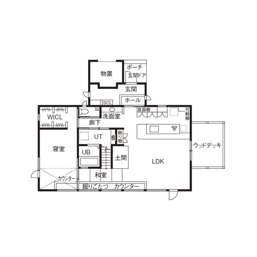 渡部製作所 【平屋/薪ストーブ/ロフト】海の見える南国ヴィラ風の平屋の間取り図（1LDK+ロフト）1階
