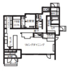 渡部製作所 【3000万円台/間取図/日高町/無垢材/平屋】おおらかな自然に抱かれた、薪ストーブと珈琲を愉しむ平屋の間取り図（2LDK）1階