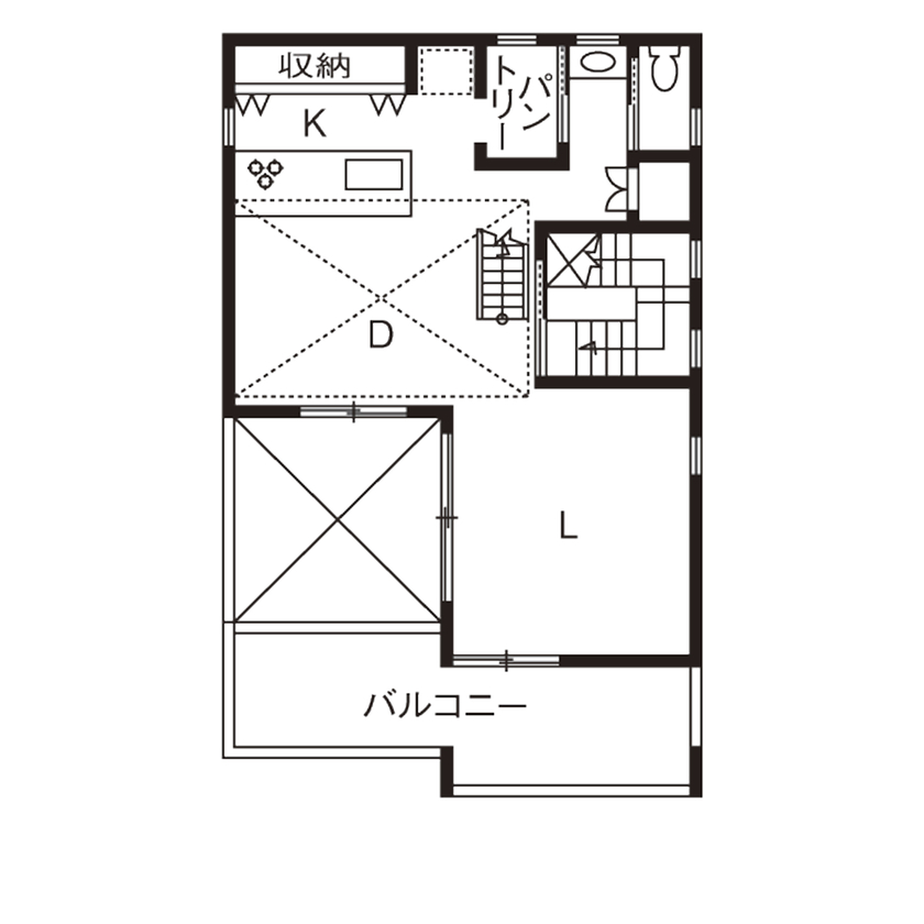 一級建築士事務所　フクダ・ロングライフデザイン 【SE/断熱6/C値0.5/中庭/敷地33坪/ビルトインガレージ】都心部で実現させた緑と光溢れるプライベート空間の間取り図（2LDK）2階