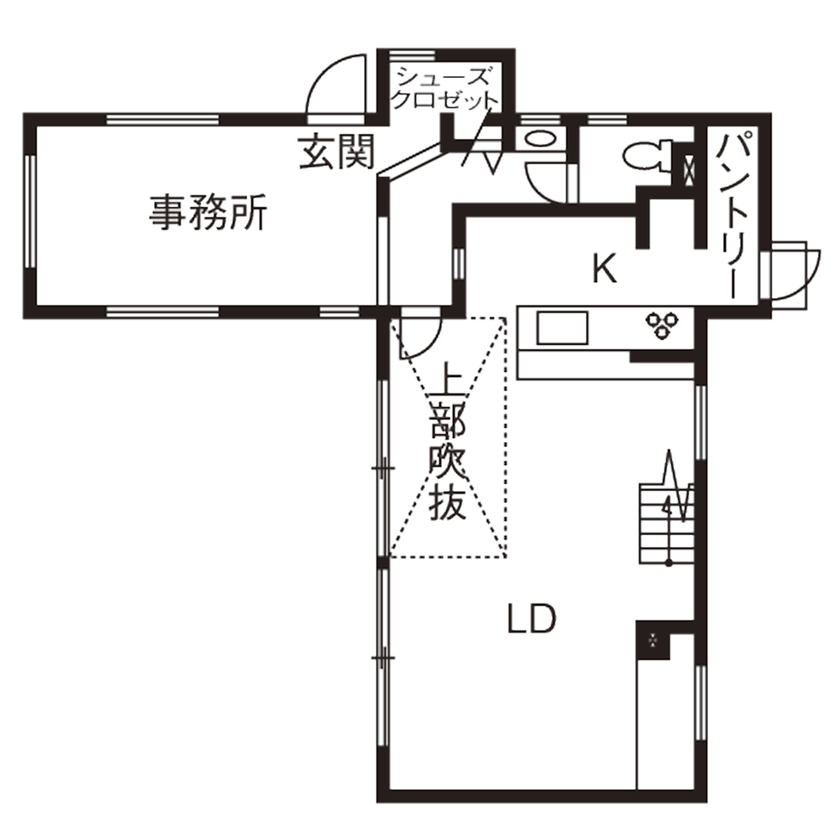 一級建築士事務所　フクダ・ロングライフデザイン 【池田市/パッシブデザイン/床下冷暖房/SE構法/オシャレ/間取り有】庭と一体化した造園家の住まい。の間取り図（4LDK）1階