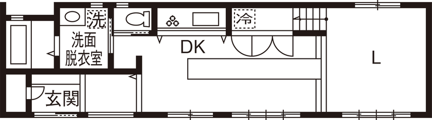 一級建築士事務所　フクダ・ロングライフデザイン 【摂津市/吹き抜け/大開口/SE構法/オシャレ】大胆なプランで開放感を満喫。カウンターテーブルに集う家の間取り図（2LDK）1階