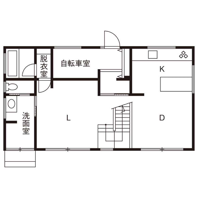 一級建築士事務所　フクダ・ロングライフデザイン 【SE構法/高気密高断熱/自然素材】勾配天井にドーマーのある家。大らかな空間に白いスケルトン階段が美しいの間取り図（2LDK）1階