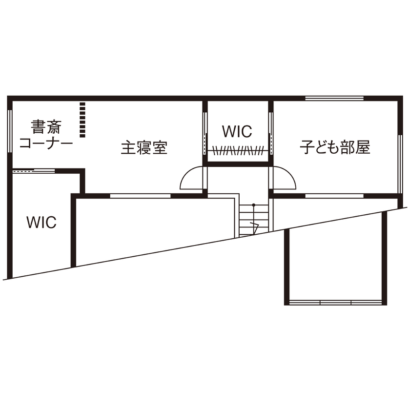 一級建築士事務所　フクダ・ロングライフデザイン 【SE構法/高気密高断熱/自然素材】勾配天井にドーマーのある家。大らかな空間に白いスケルトン階段が美しいの間取り図（2LDK）2階