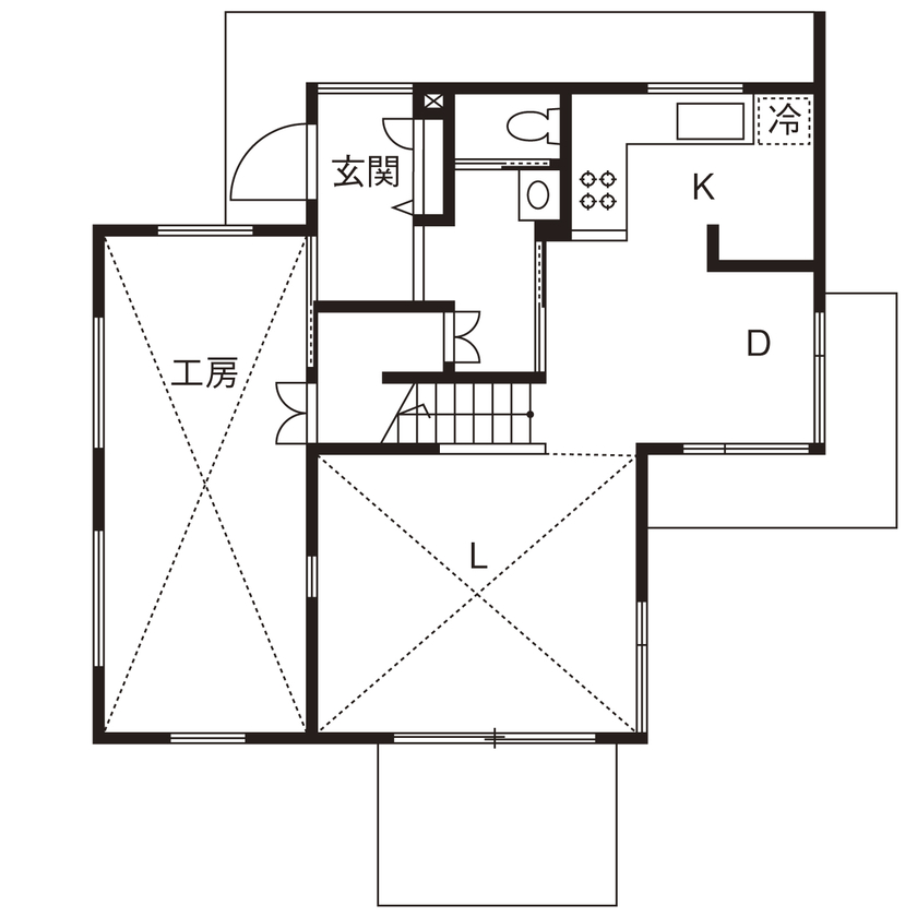 一級建築士事務所　フクダ・ロングライフデザイン 【奈良県/SE構法/自然素材/アトリエ/間取り有】変化のあるプラン、シンプルなデザイン。の間取り図（2LDK）1階
