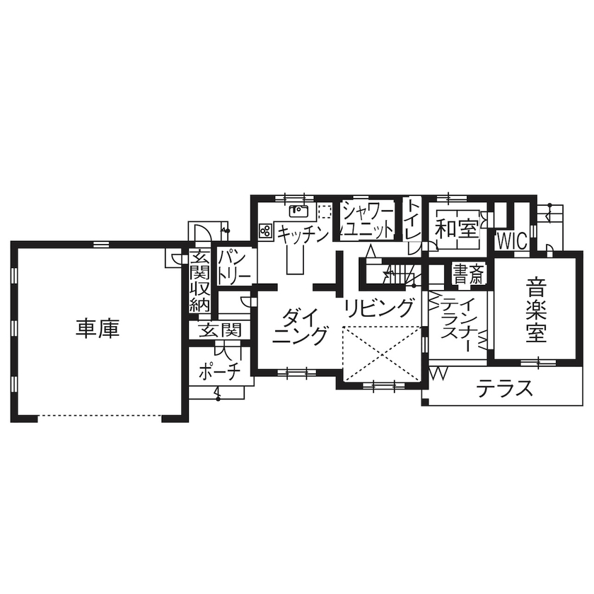セルコホーム 【50坪台|間取り|吹き抜け】毎日がホテル住まいをテーマにシンプルで暮らしやすいインナーガレージハウスの間取り図（5K以上）１階