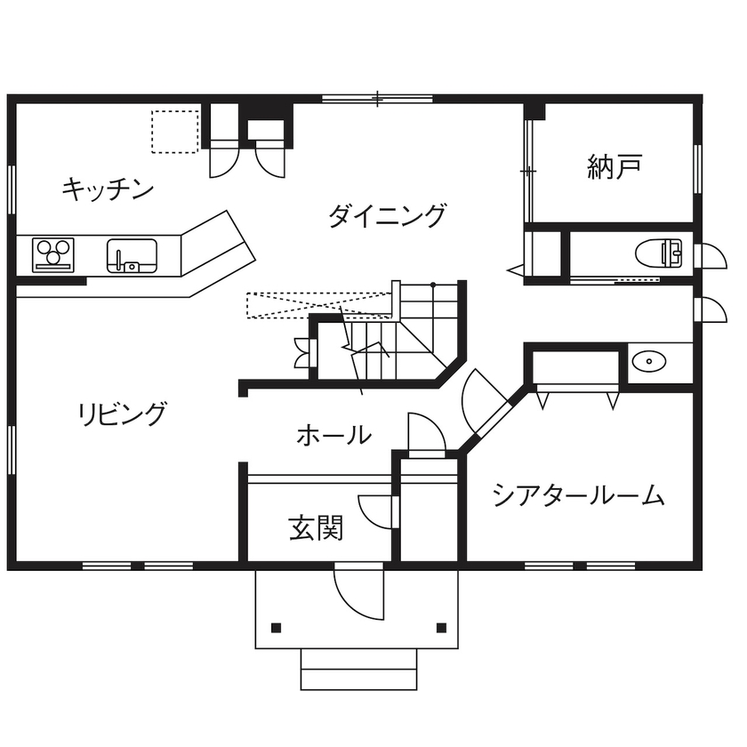 セルコホーム 【40坪台|間取り|家事ラク】パーティールーム、ホームシアター、バーカウンターで家族も友人も楽しめる家の間取り図（5K以上）１階