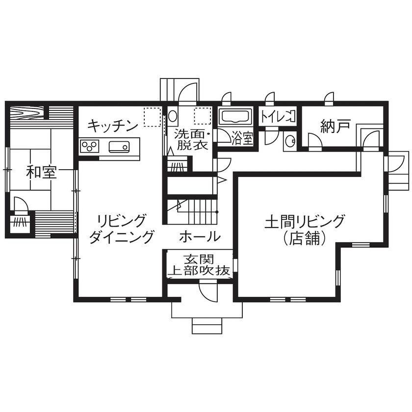 セルコホーム 【40坪台|間取り】アンティーク家具とパッチワークが映えるシンプル空間。ギャラリーのような店舗併用住宅の間取り図（3LDK+店舗）１階