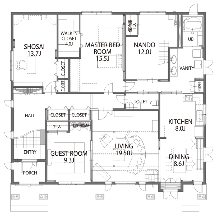 セルコホーム 【60坪台|間取り|高気密高断熱】木の質感を活かした落ち着いた空間。ふたりで安心して暮らせる平屋の家の間取り図（3LDK）1階