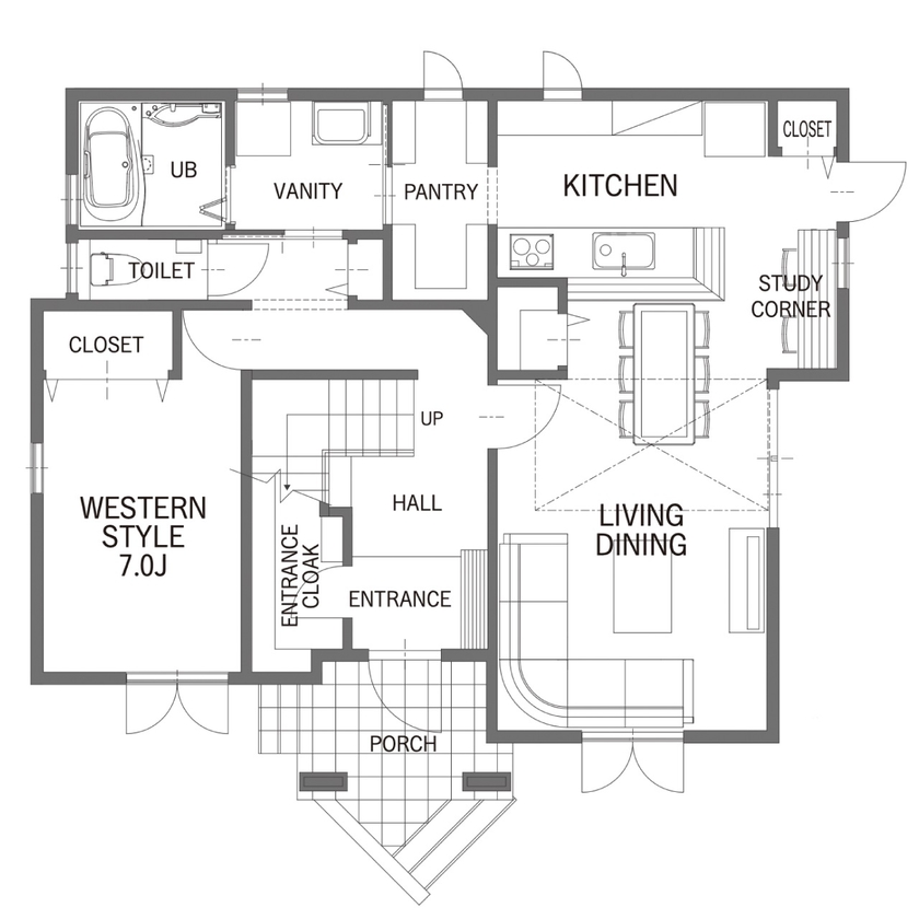 セルコホーム 【40坪台|間取り|土間収納】収納＋家事ラクの動線で効率的！吹き抜けで家族が繋がるレンガの家の間取り図（5K以上）1階