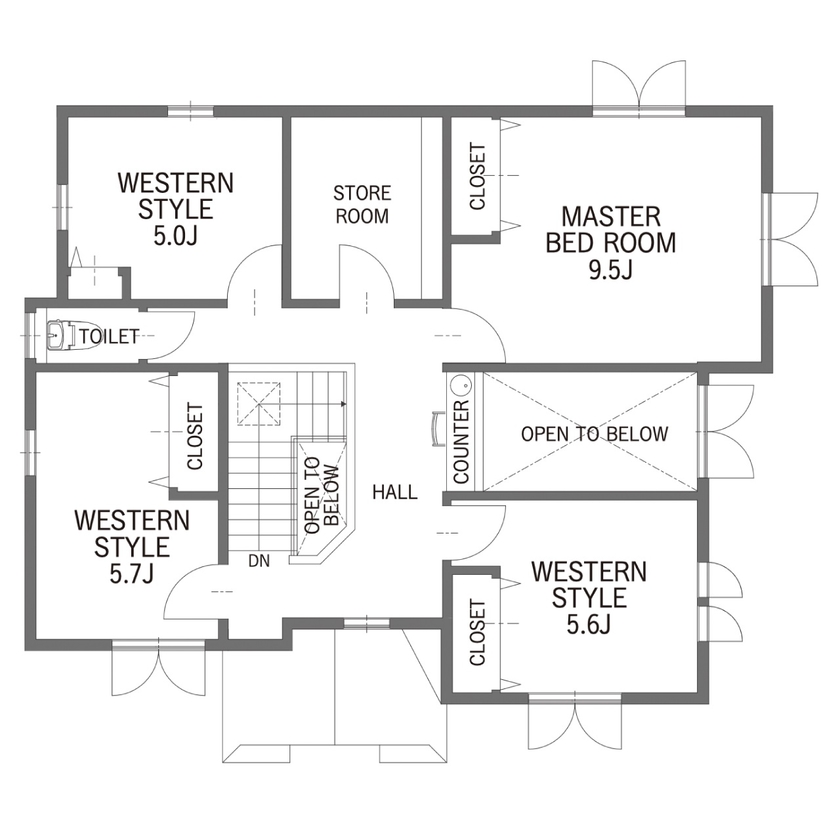 セルコホーム 【40坪台|間取り|土間収納】収納＋家事ラクの動線で効率的！吹き抜けで家族が繋がるレンガの家の間取り図（5K以上）2階