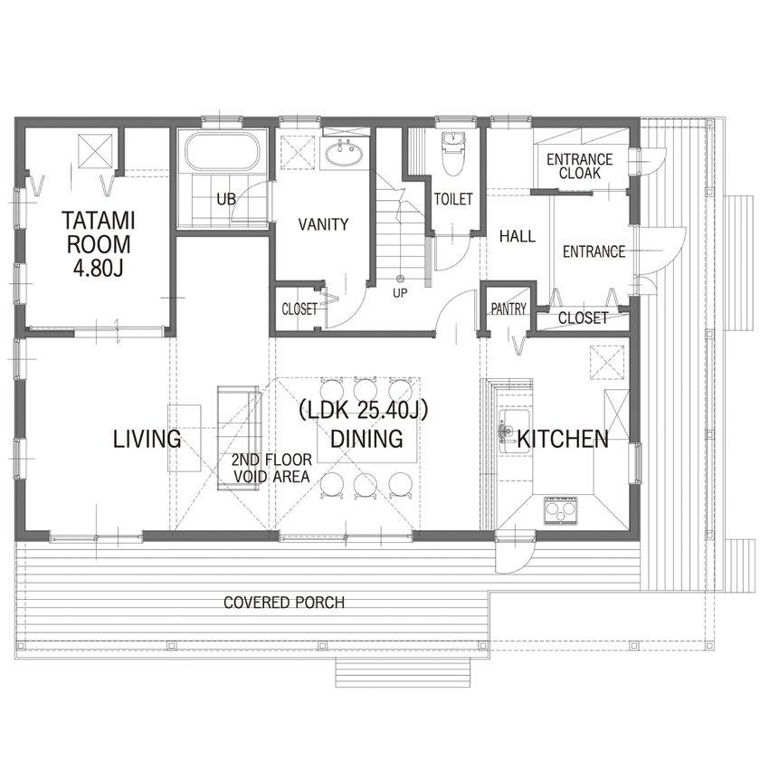 セルコホーム 【40坪台|間取り|ガレージ|吹き抜け】明るく開放的なLDKに家族が集まる。憧れのアーリーアメリカンの住まいの間取り図（4LDK）1階