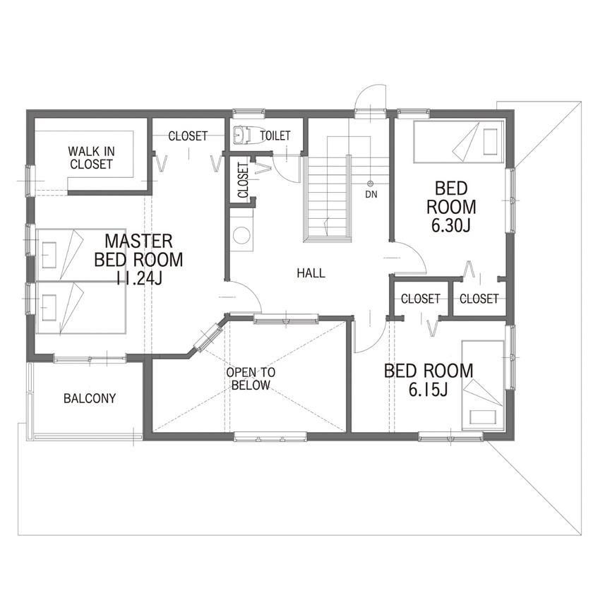 セルコホーム 【40坪台|間取り|ガレージ|吹き抜け】明るく開放的なLDKに家族が集まる。憧れのアーリーアメリカンの住まいの間取り図（4LDK）2階