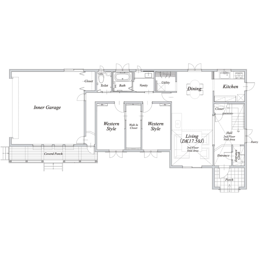セルコホーム 【50坪台|間取り|ビルトインガレージ|吹き抜け】大自然の借景を取り込む。海外の高原リゾートのような家の間取り図（4LDK）1階