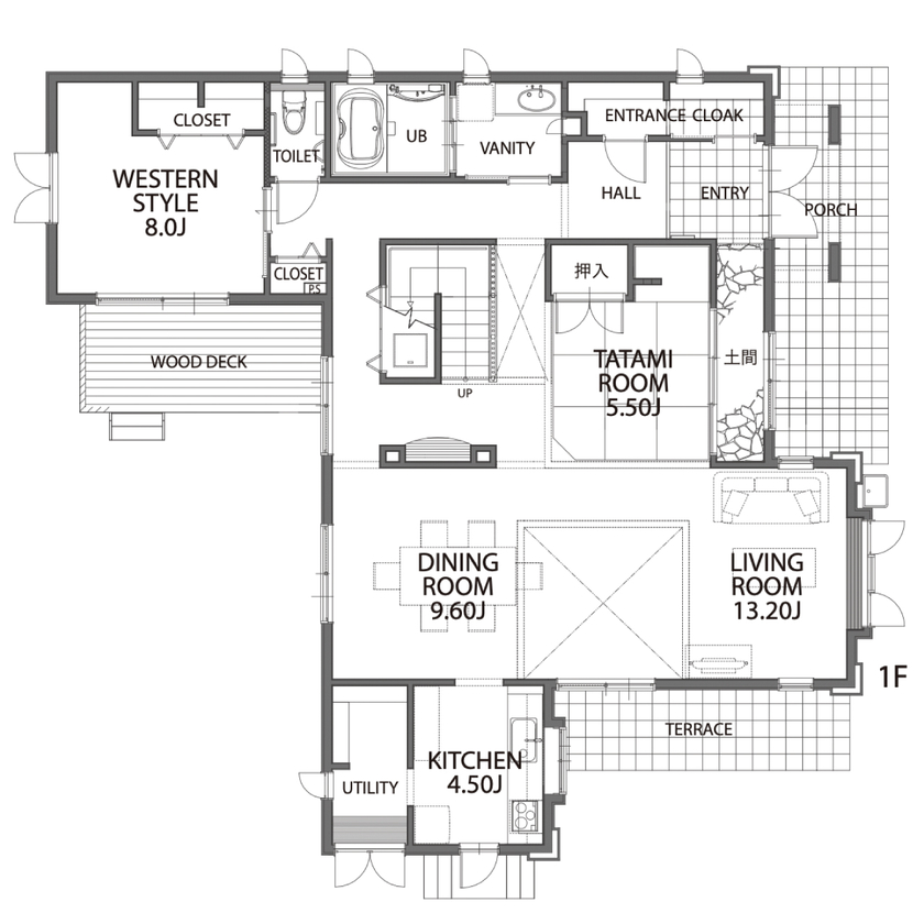 セルコホーム 【50坪台|間取り|アウトドアリビング】二世帯住宅も見据えた、家族がのびのびと過ごす開放的なマイホームの間取り図（5K以上）1階