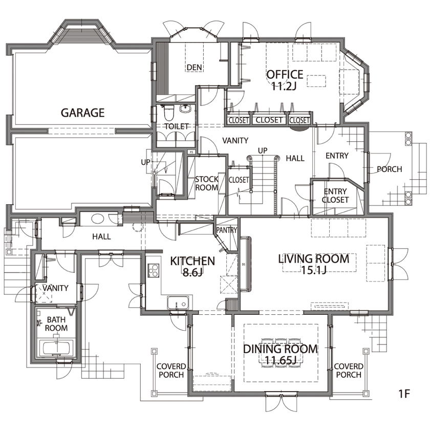 セルコホーム 【90坪台|間取り|事務所併用|ビルトインガレージ】27帖の広々ダイニングでゆったり寛ぐ、上質な住まいの間取り図（5K以上）1階