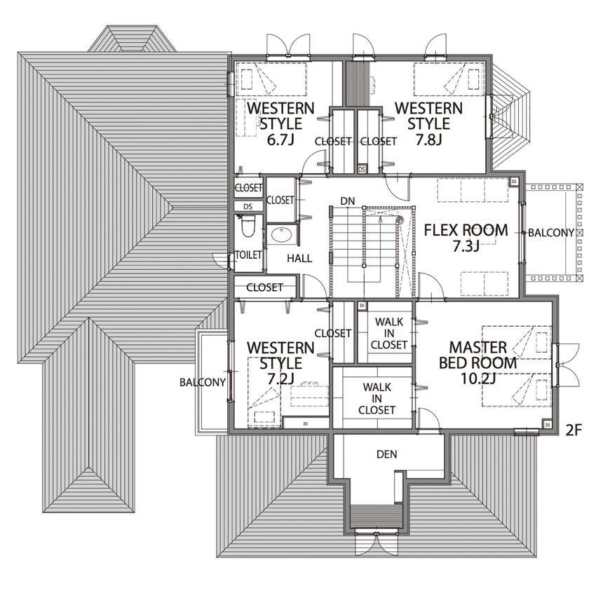 セルコホーム 【90坪台|間取り|事務所併用|ビルトインガレージ】27帖の広々ダイニングでゆったり寛ぐ、上質な住まいの間取り図（5K以上）2階