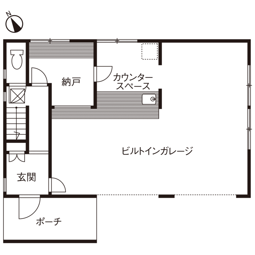 ポウハウス一級建築士事務所（ポラスグループ） 【2500万円/30坪台/間取り図有】愛車とともに、バーカウンターで仲間と語らう。憧れのガレージハウス誕生の間取り図（2LDK）1階