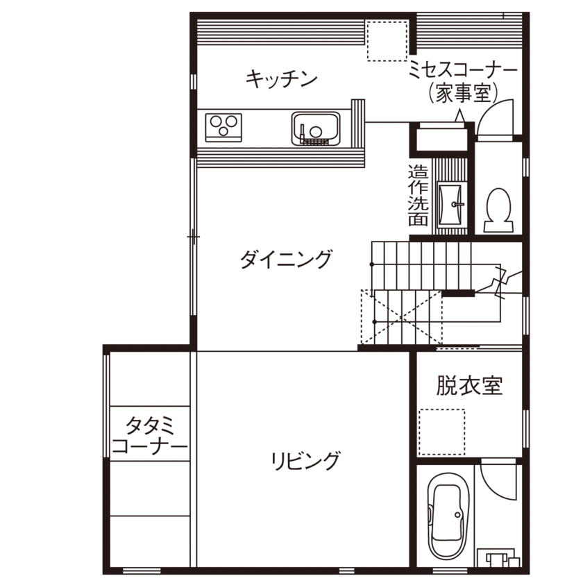 ポウハウス一級建築士事務所（ポラスグループ） 【2000万円台/土地27坪/間取り図有】3ｍもの天井高と2.5階のバルコニーで、明るく開放感あふれるLDKが誕生の間取り図（2LDK）2階