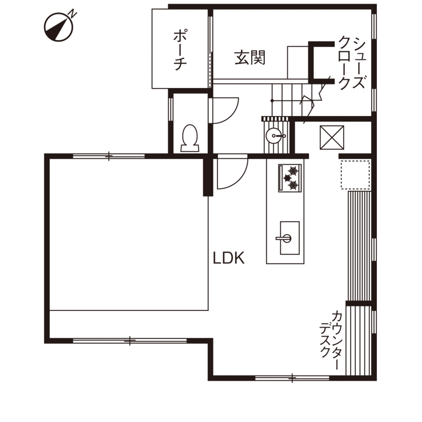 ポウハウス一級建築士事務所（ポラスグループ） 【2020万円/30坪台/間取り図有】お洒落ながら、飾りすぎない。絶妙な空間設計の、大人シンプルな家の間取り図（2LDK）1階