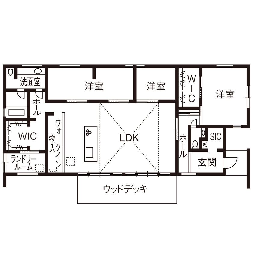ポウハウス一級建築士事務所（ポラスグループ） 【ウッドデッキ/二世帯/間取り図有】大きな窓から庭の緑を楽しむ、開放的な平屋の住まいの間取り図（3LDK）1階