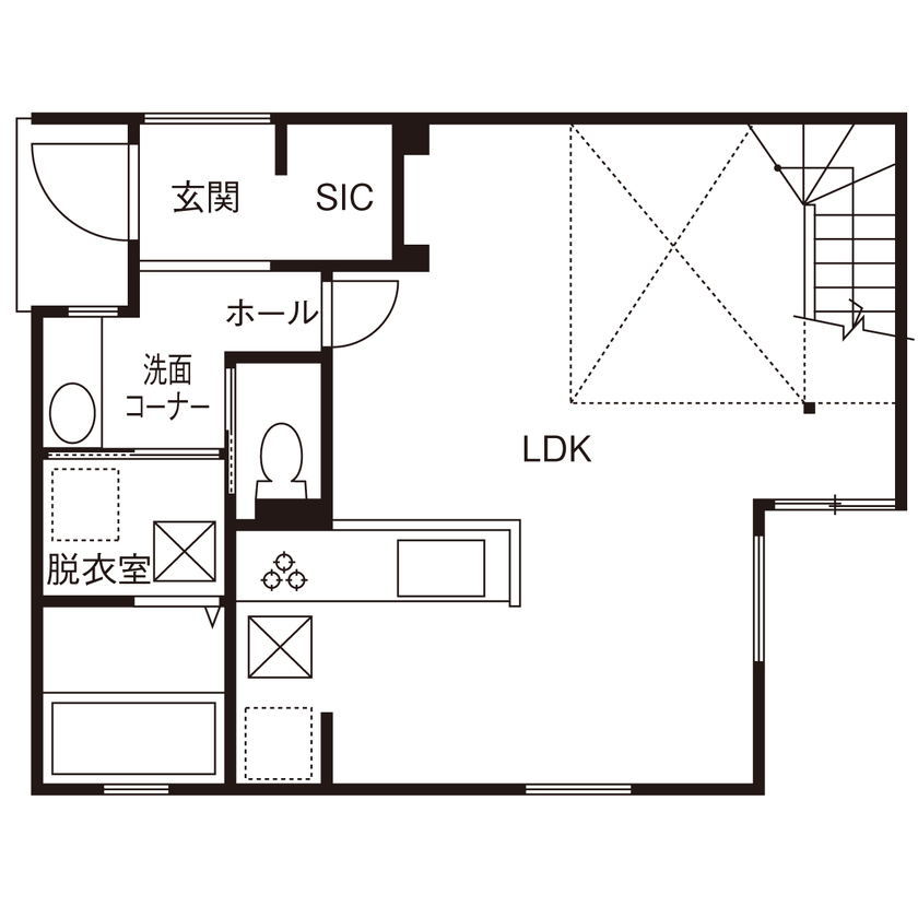 ポウハウス一級建築士事務所（ポラスグループ） 【2階建て/吹抜け/間取り図有】お気に入りのアンティーク家具が映える三角屋根の家の間取り図（2LDK）1階