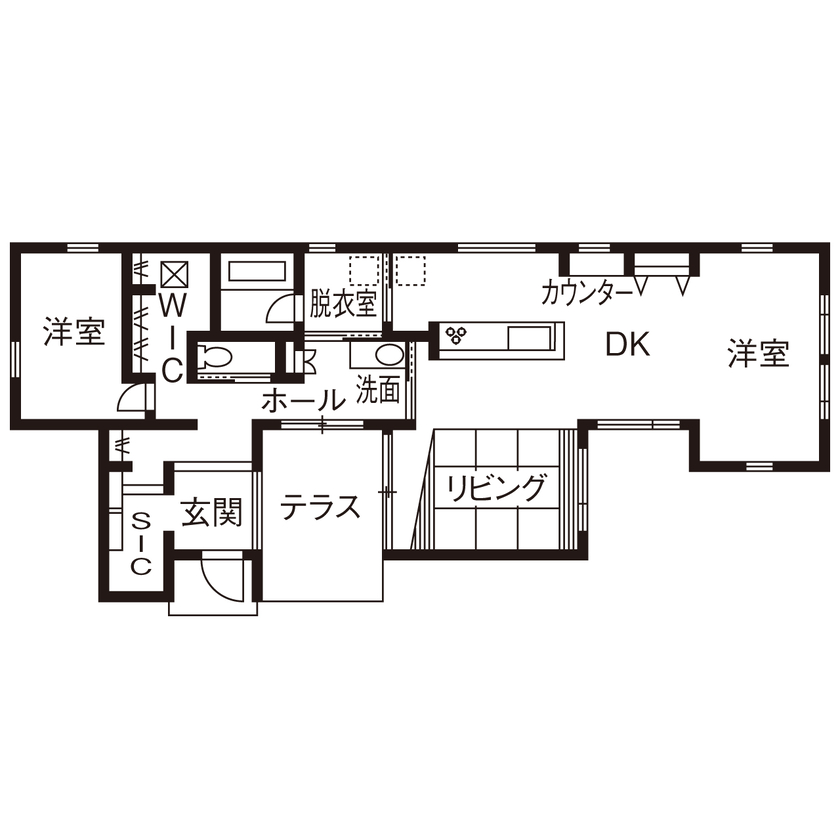 ポウハウス一級建築士事務所（ポラスグループ） 【ダウンフロアリビング/テラス/間取り図有】和の要素を取り入れた居心地のいい平屋の住まいの間取り図（1LDK）1階