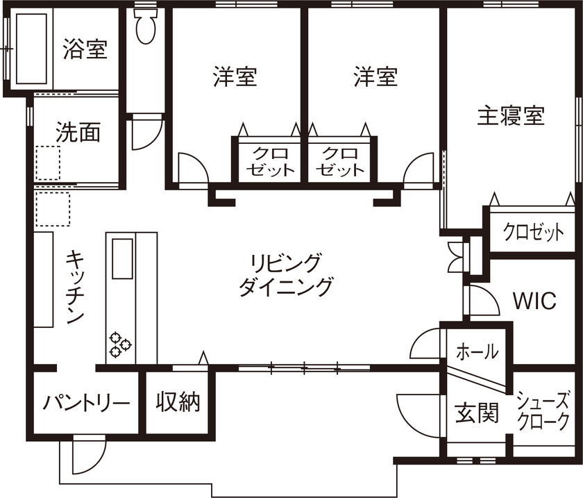 石井工務店 きもちいいと暮らしやすいを両立するモダンな平屋の間取り図（3LDK）1階