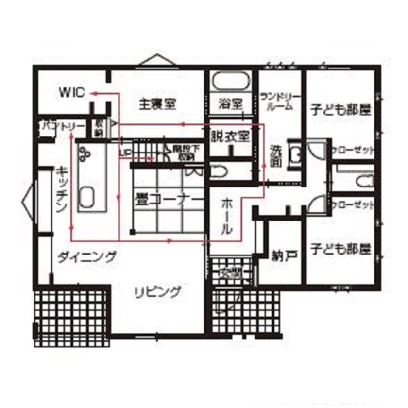 石井工務店 室内を描く回遊動線が暮らしを豊かにした平屋の間取り図（3LDK）1階