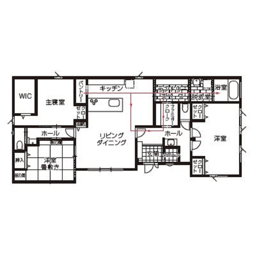 石井工務店 リビング直結のタイルデッキと庭のある高性能住宅の平屋の間取り図（3LDK）1階