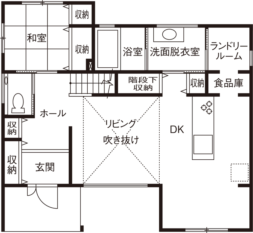 石井工務店 南国リゾートをイメージした吹き抜けリビングのある家の間取り図（4LDK）1階