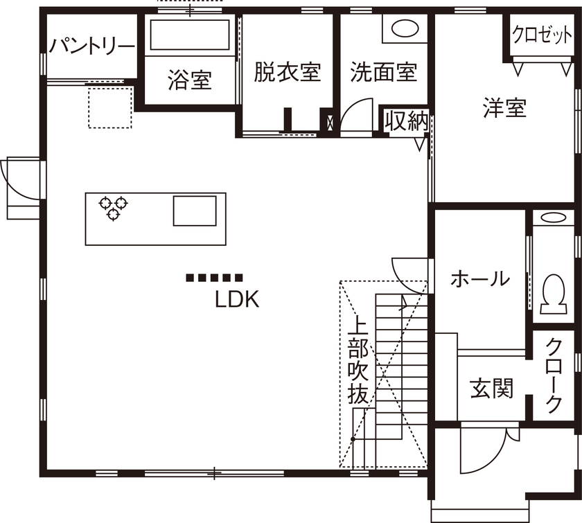 石井工務店 吹き抜けのあるリビング階段が魅力のモデルハウスのような住まいの間取り図（5K以上）1階