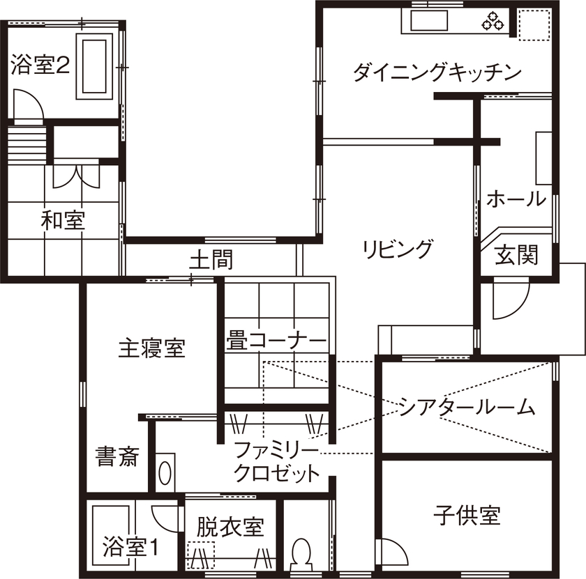 石井工務店 まるで露天風呂のような内風呂がある、コの字型の平屋の住まいの間取り図（3LDK）1階