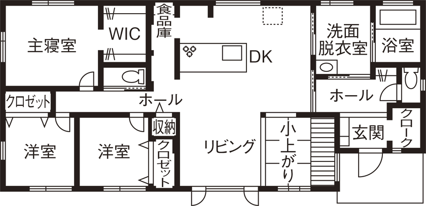 石井工務店 回遊動線で日々の家事も楽に！クロスや内装・住設備に至るまでトーンを統一した平屋の間取り図（3LDK）1階