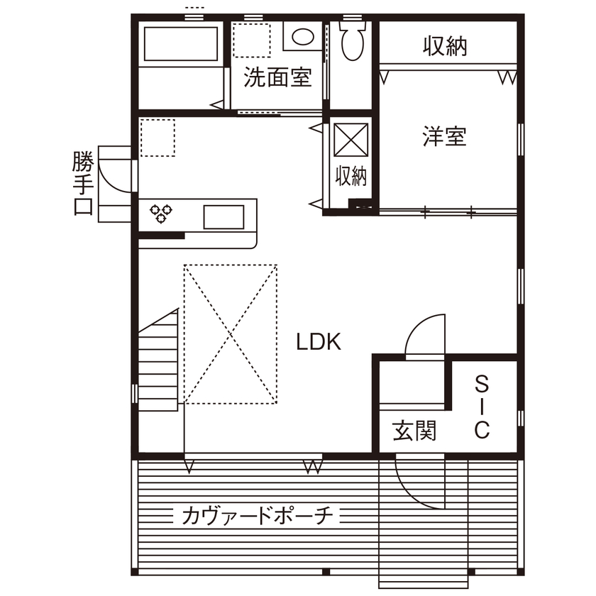 【イチケン】土地付き注文住宅のDigLife 【2000万円台/間取り図あり/4LDK/アメリカンハウス】これが土地付き注文住宅！総額が分かる安心感に大満足の間取り図（4LDK）１階