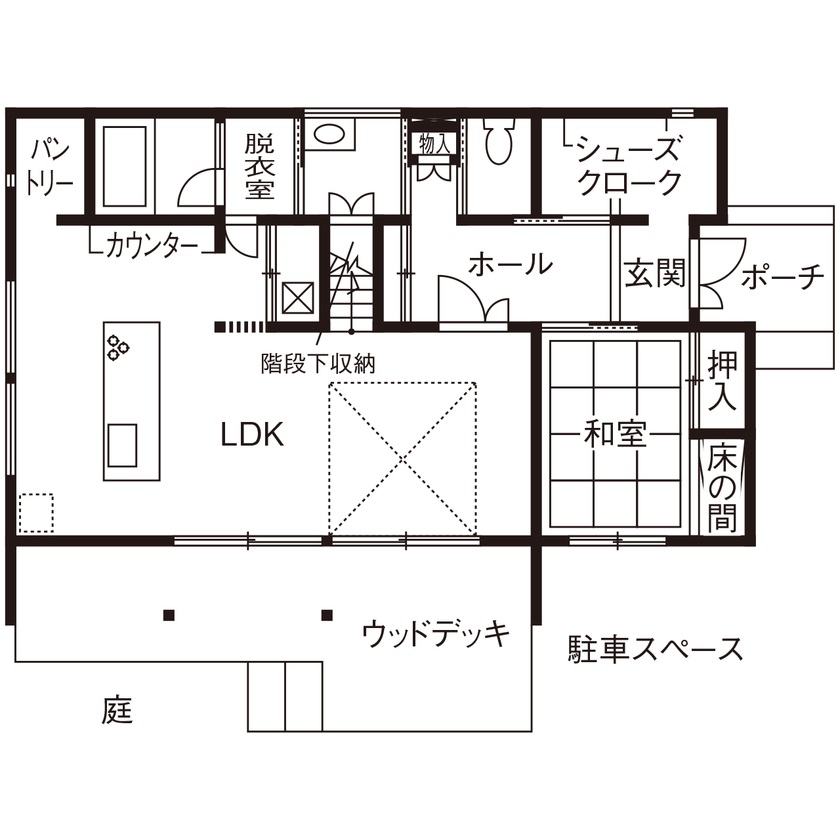 【イチケン】土地付き注文住宅のDigLife 【間取り図あり/秦野市/4LDK/ウッドデッキ】スピーディーな土地探し対応と、圧倒的な開放感に大満足の家！の間取り図（4LDK＋納戸＋書斎）１階