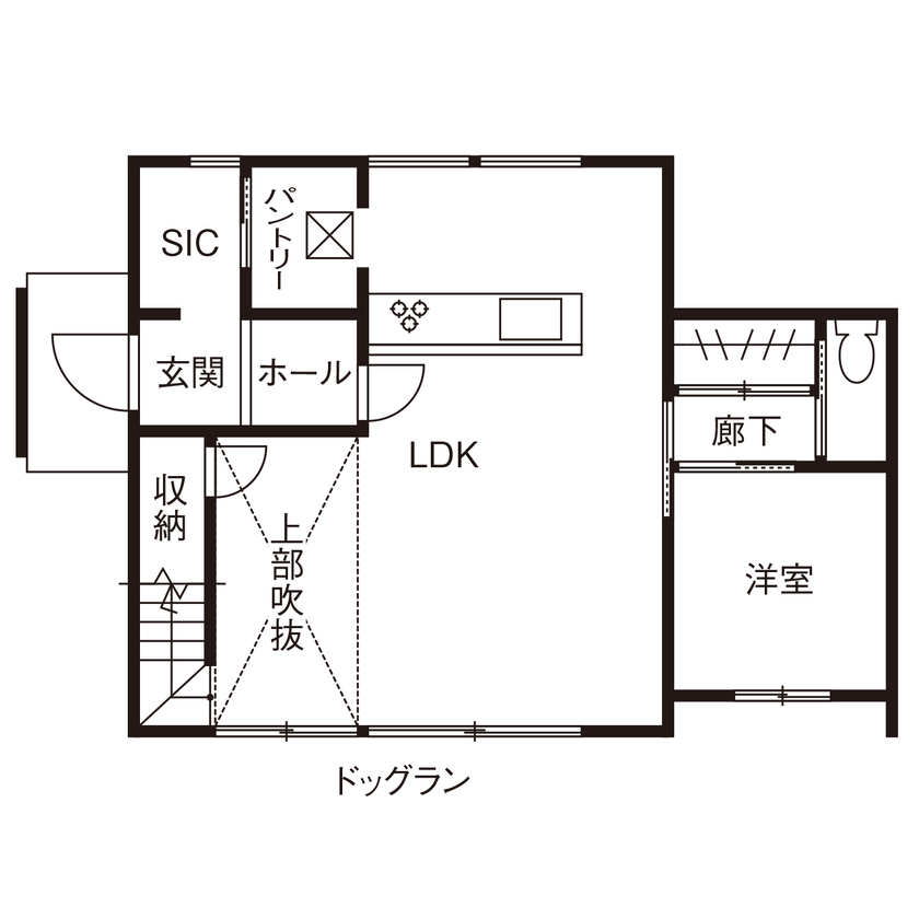 【イチケン】土地付き注文住宅のDigLife 【2000万円台/間取り図あり/ドッグラン/3LDK】愛犬と遊べるドッグラン！家事ラク叶える生活動線も見どころの間取り図（3LDK）１階