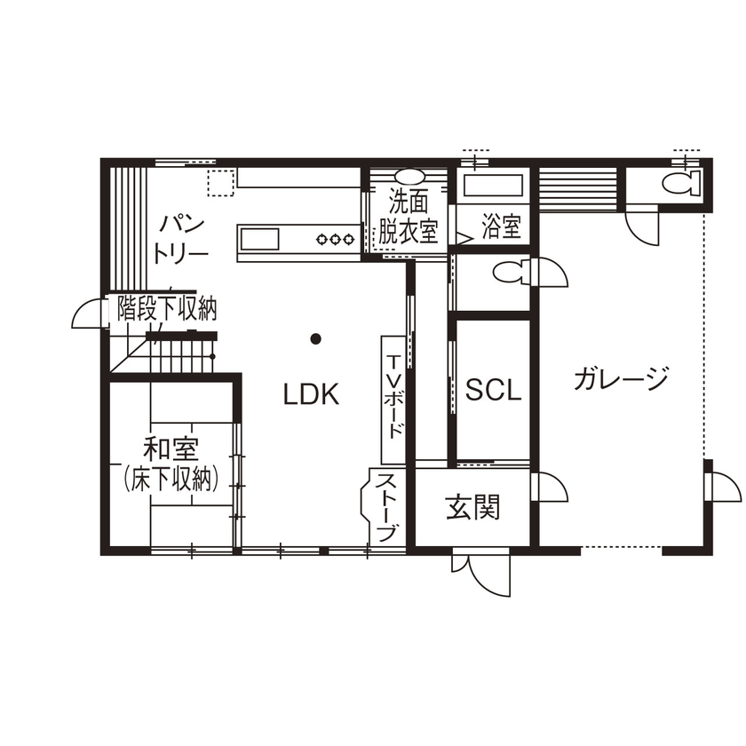 加藤建築 【三重県｜木組み×55坪×吹抜け｜間取り有】伝統構法で間取りは今ドキ。4人の子ども達が健やかに暮らす家の間取り図（5LDK+ガレージ）1階