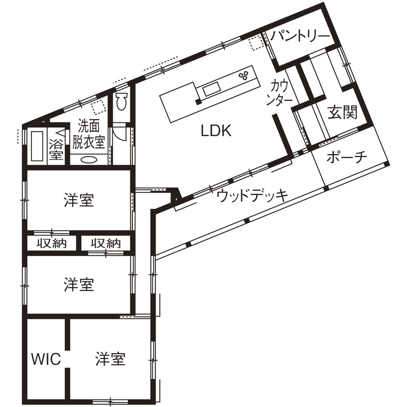 加藤建築 【三重県｜平屋×モダン×36坪｜間取り有】無垢の彩りと風通しの良さが抜群。愛犬と暮らす「くの字の平屋」の間取り図（3LDK）1階
