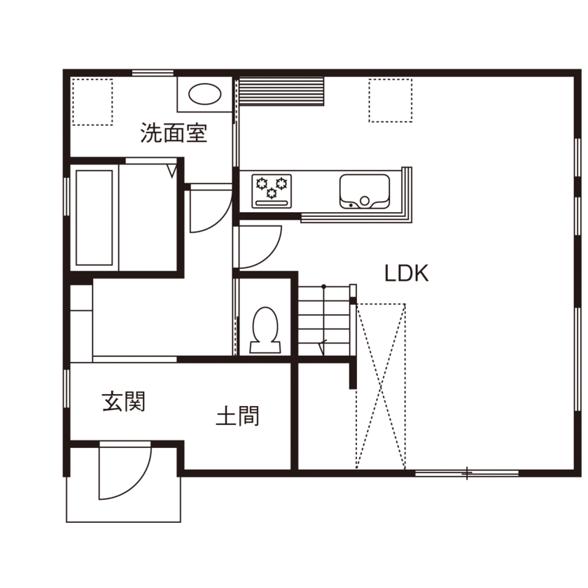 ＭＯＫ　ＨＯＵＳＥ　（ポラスグループ） 【1000万円台/ローコスト/ペット】吹抜けや窓の工夫で叶えた“陽だまりリビング”。愛猫と癒しの時間を満喫の間取り図（3LDK）1階