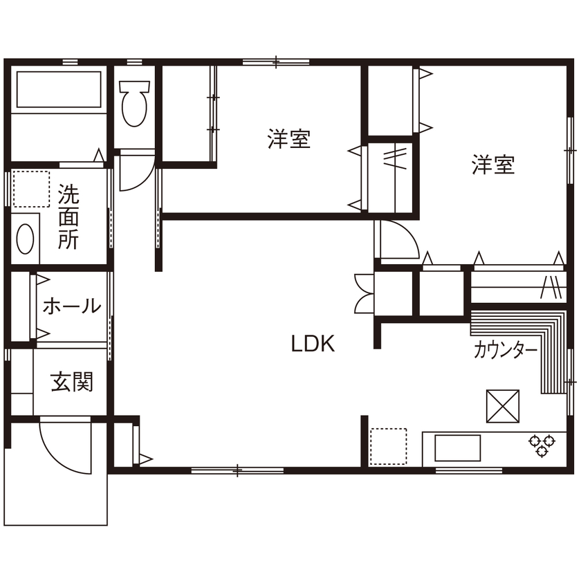 ＭＯＫ　ＨＯＵＳＥ　（ポラスグループ） 【平屋/2LDK/バリアフリー】生活空間は広々と、動線はコンパクトに。いつまでも快適に過ごせる平屋の住まいの間取り図（2LDK）1階