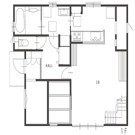 北辰工務店（ポラスグループ） 【1000万円台/30坪台/吹き抜け/収納充実】家事動線に配慮し、家族みんなでリビングに集まれる家の間取り図（4LDK）1階
