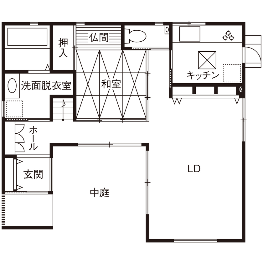 北辰工務店（ポラスグループ） 【30坪台/3LDK/中庭/間取り図有】四季の移ろいを感じながら、趣味を思う存分楽しむ暮らしの間取り図（3LDK）1階